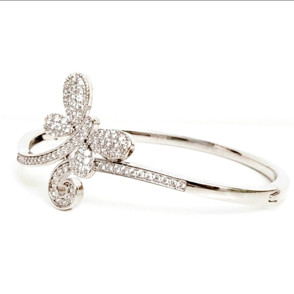 Silver Pave Rhinestone Butterfly Encrusted Clamper Bracelet Dainty & Elegant - Picture 3 of 7